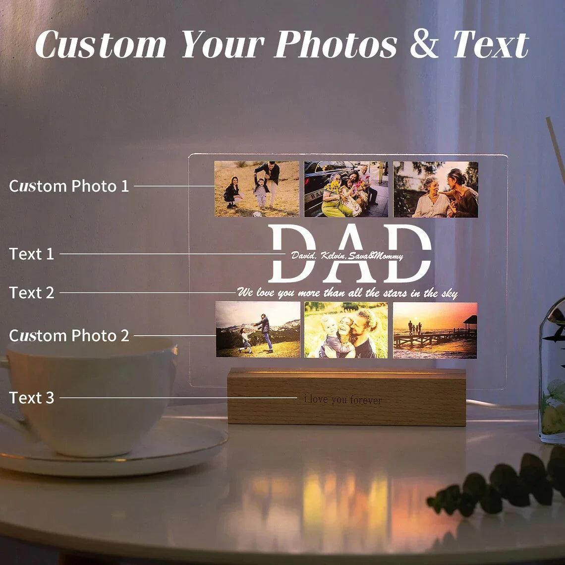 Custom Acrylic Lamp Personalized Photo Text Bedroom Night Light for MOM DAD LOVE Friend Family Day Wedding Birthday Gift Present